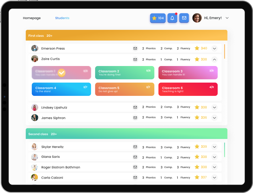 Student, teacher and parent role screens