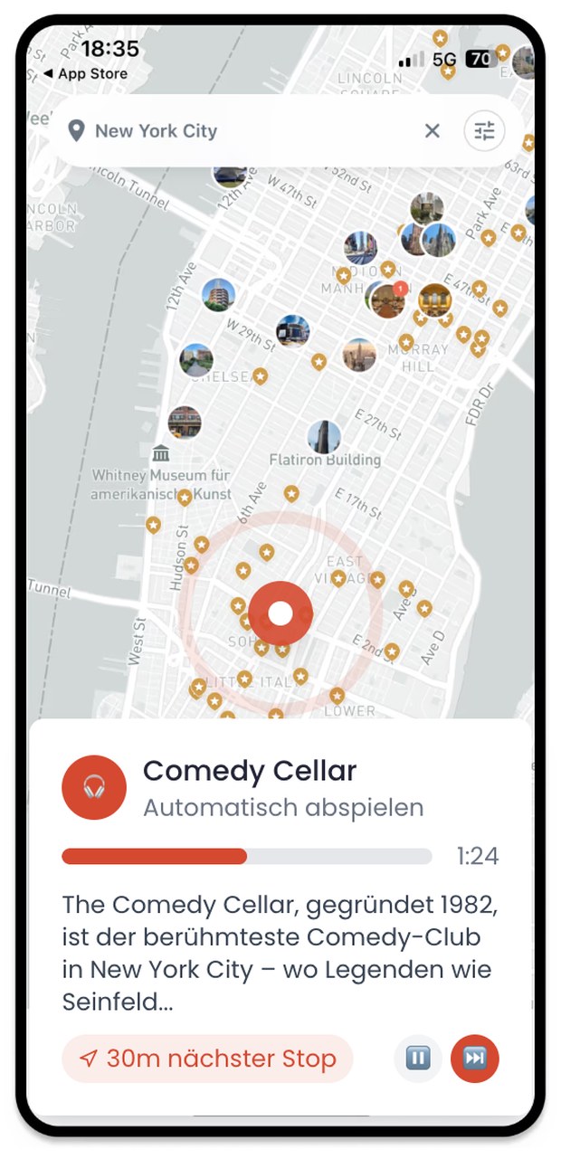 Guidable playing a location-aware audio tour in New York City
