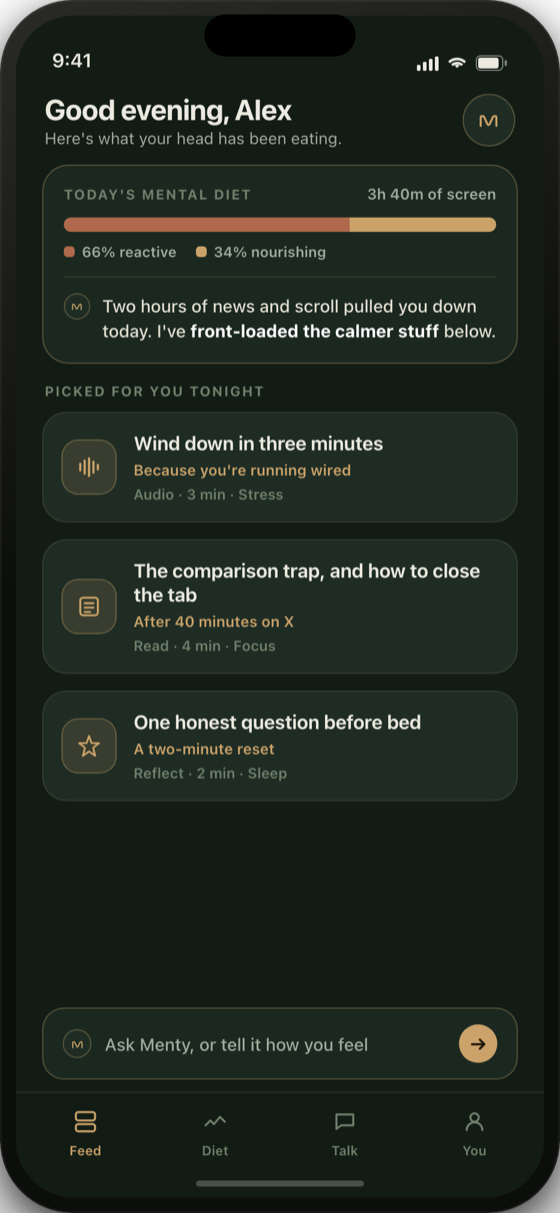 Menty feed screen with a mental-diet nutrition bar and AI-curated content cards with reasons
