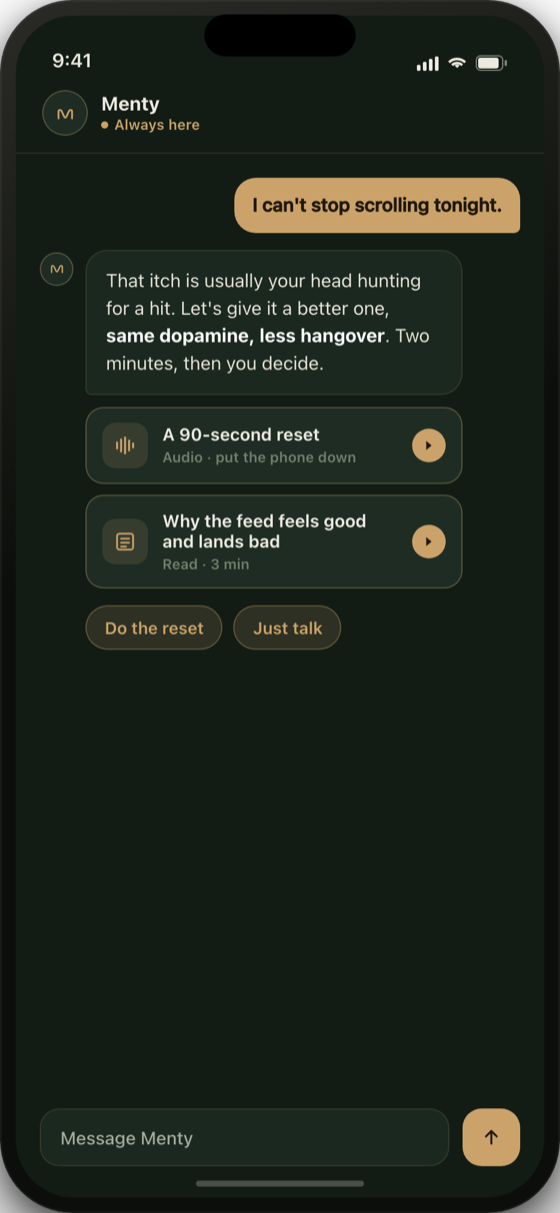 Menty talk screen with a conversation where the AI coaches and offers content to consume