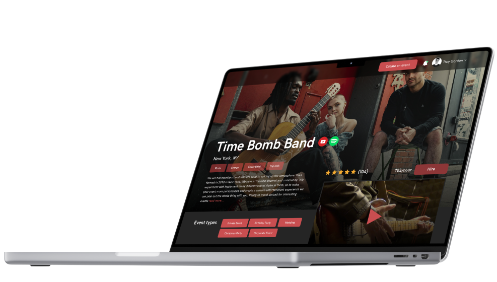 A performer profile with booking details