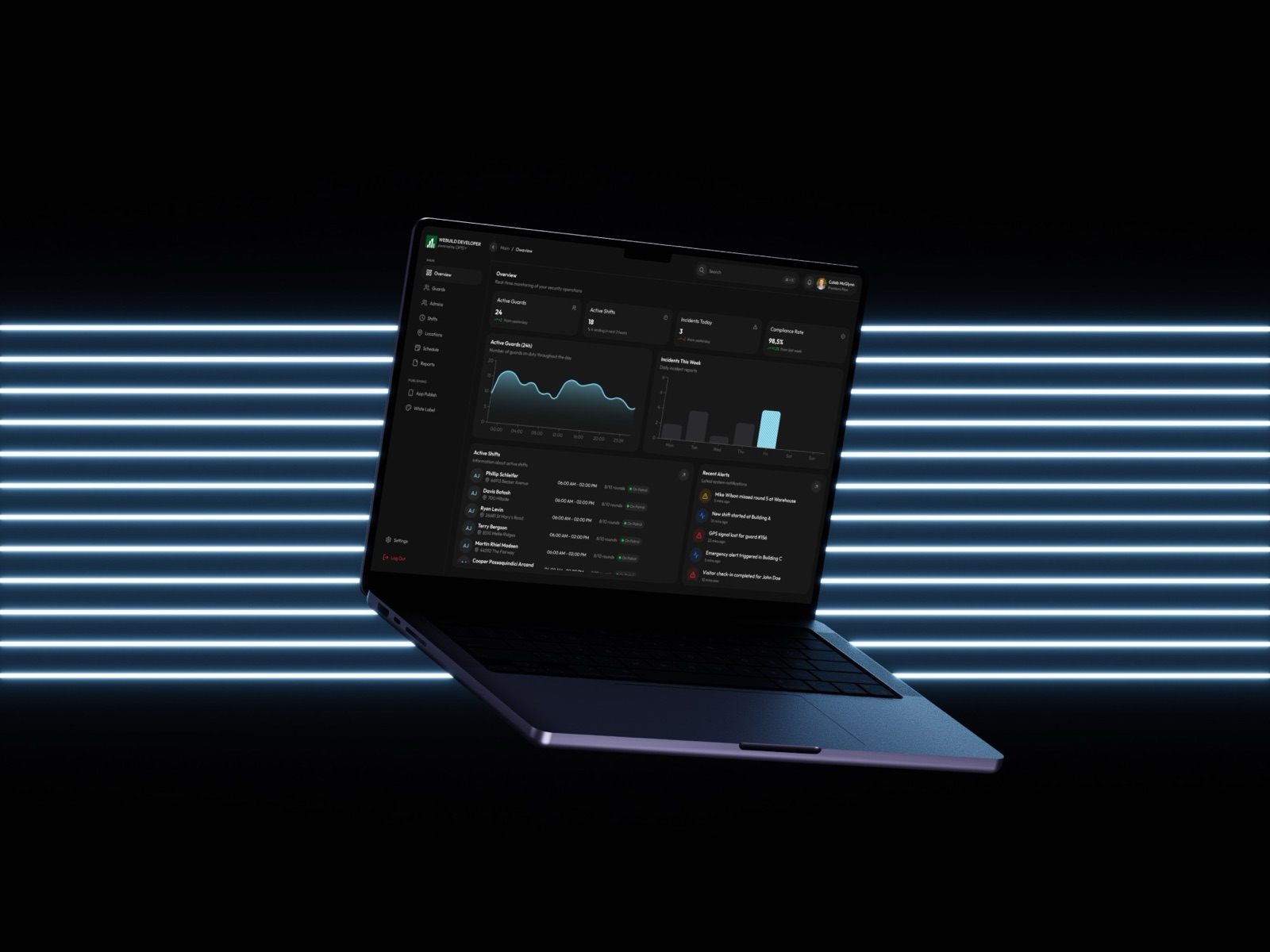 The OPSY supervisor dashboard on a laptop: active guards, shifts, incidents and live alerts
