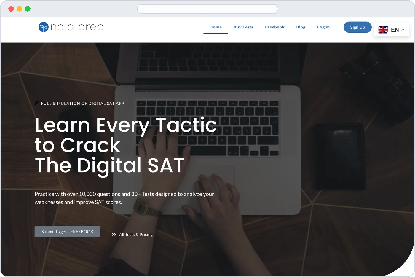 The live NALA Prep site at nalaprep.com, a full-simulation digital SAT practice platform