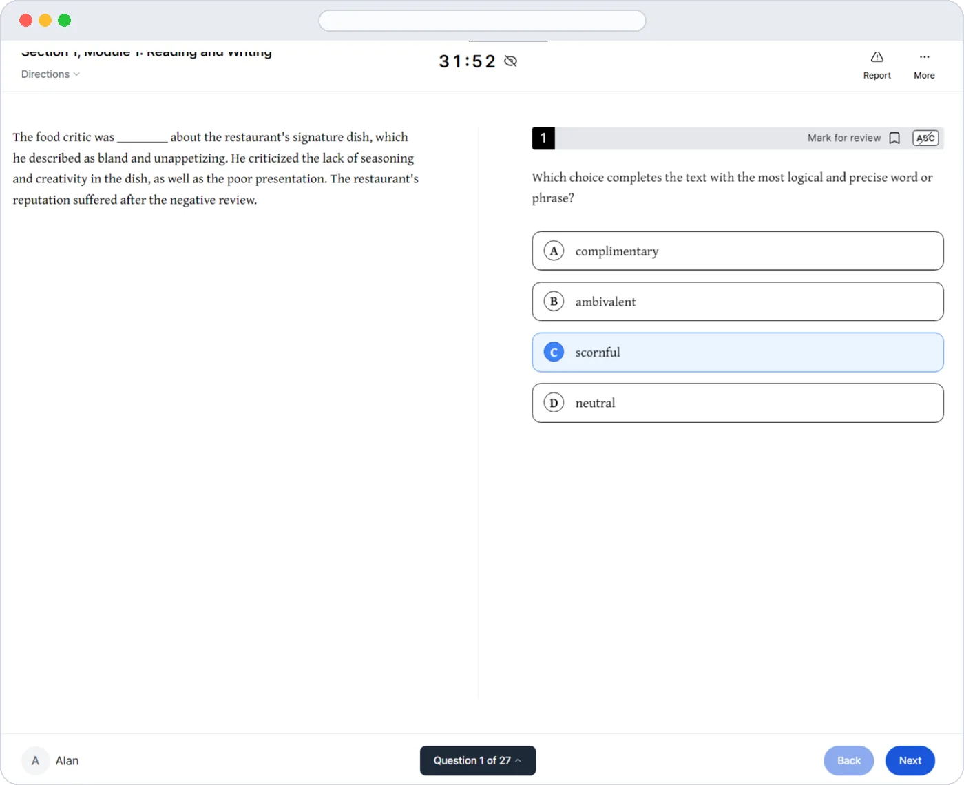The NALA Prep test screen: a timed digital SAT Reading and Writing module with mark-for-review and four answer choices