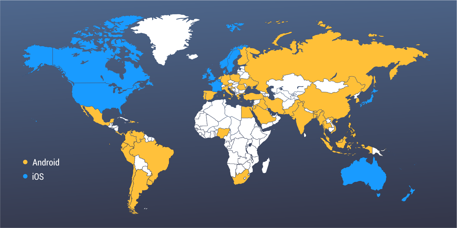 MAP-Statistics of Android and iOS popularity  by country at the global level