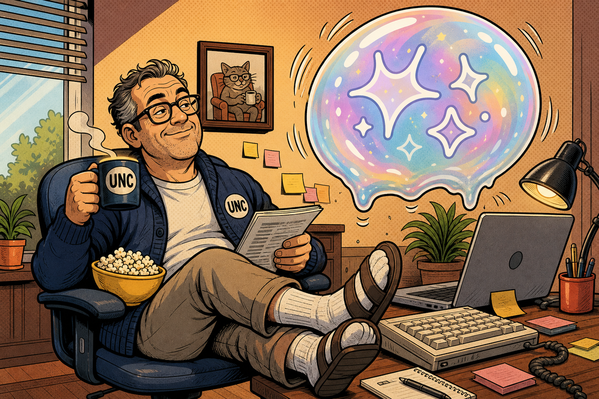 Comic illustration of an uncle-like UNC developer calmly waiting for an AI bubble to sag.