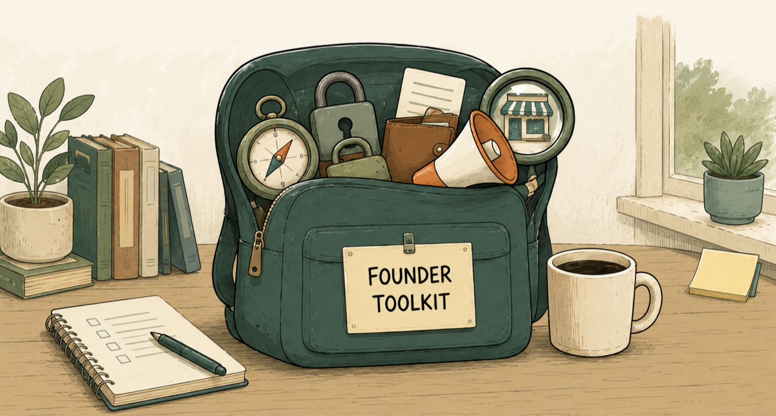 Green Founder Toolkit backpack on a desk packed with a compass, padlock, wallet, megaphone, and a magnifying glass showing a storefront.