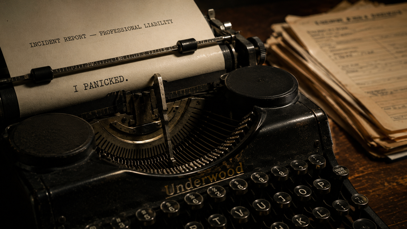Vintage typewriter with an incident report about professional liability, used as a visual metaphor for AI agent insurance and operational risk.