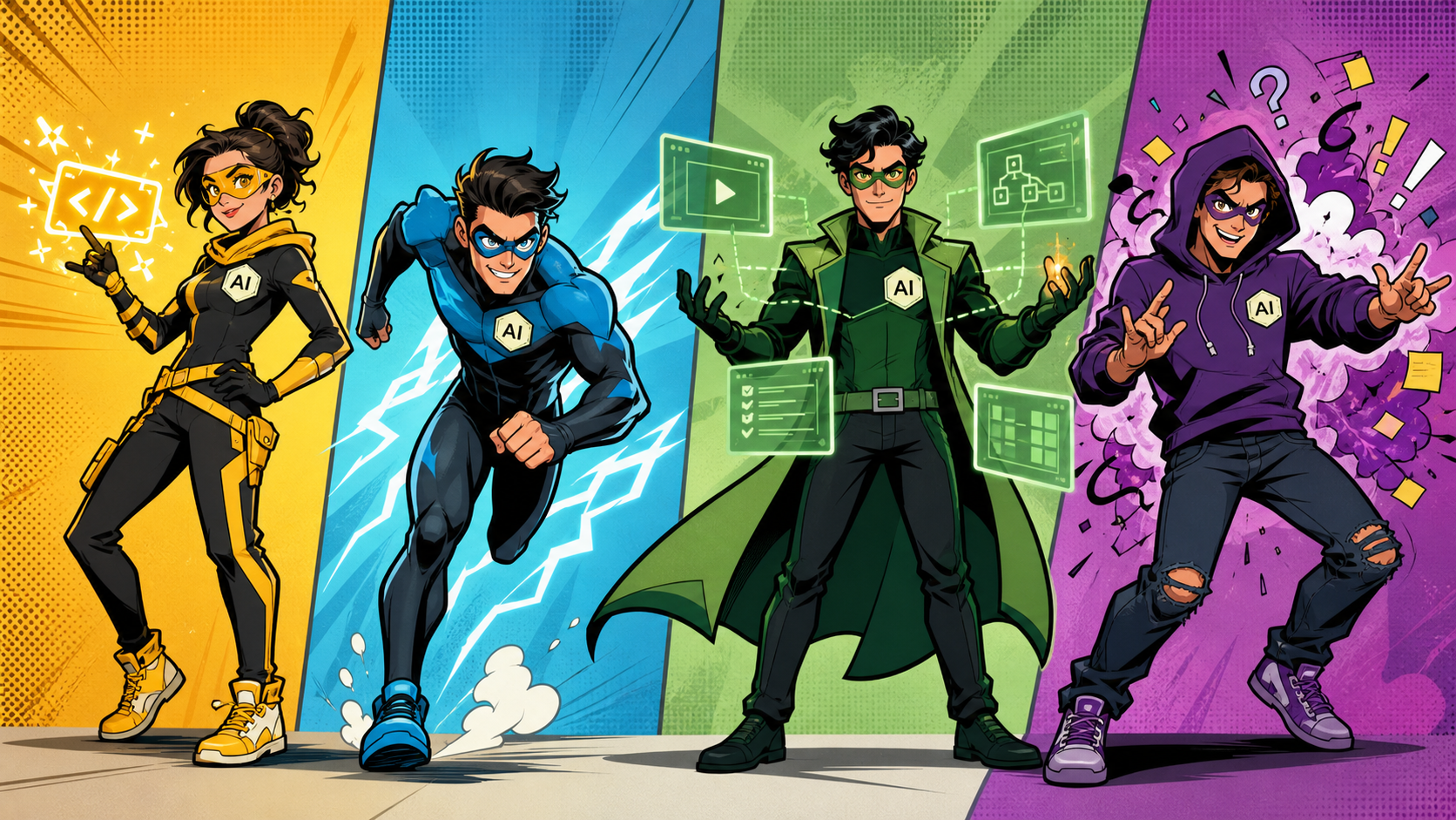 Comic-book illustration of four AI developer superheroes with different powers, representing AI-native and AI-powered workflows.