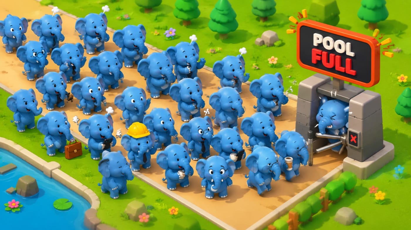 Mobile-game-style illustration of about 25 cartoon blue elephants crowded in front of a narrow turnstile, with one elephant stuck inside the turnstile while the rest wait impatiently.