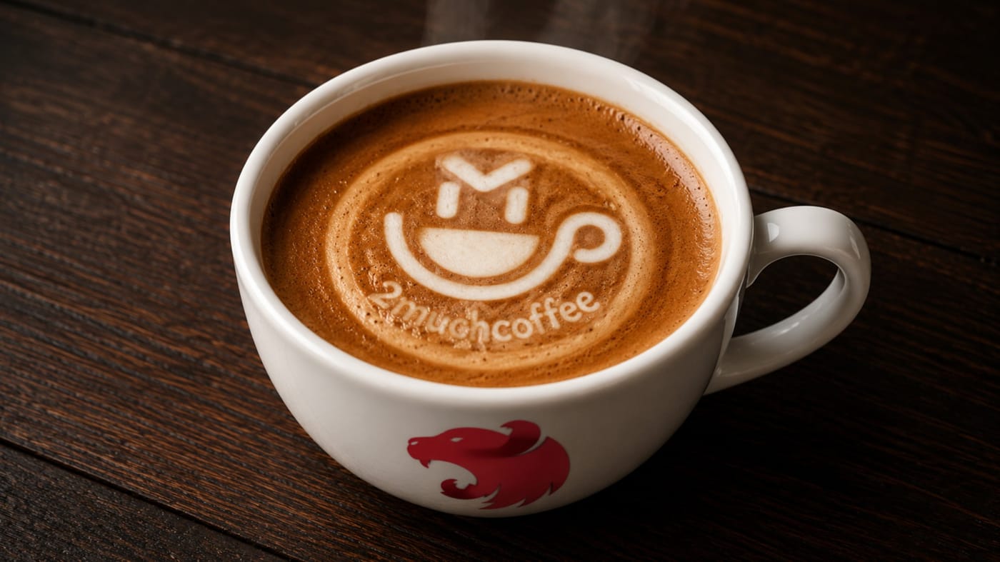 A white coffee cup with the NestJS logo on the side, the 2muchcoffee mascot and wordmark drawn in latte art foam on the espresso, warm steam rising from a dark wooden table.