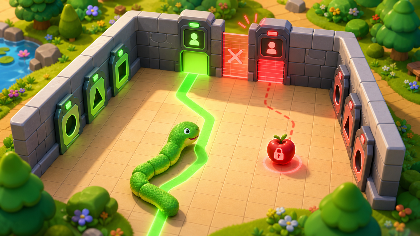Snake-game arena scene continuing the visual lineage from the Python typing article, with a third wall in the back holding a tenant-keyed gate; an apple from the wrong tenant bounces off.