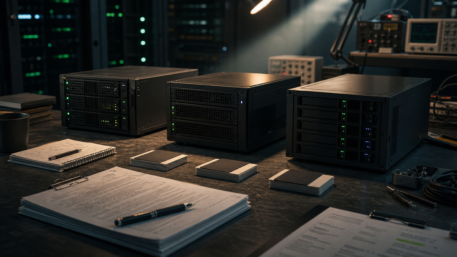 A lab bench with three unlabeled server modules and test documents, representing vector database choices as infrastructure constraints rather than a scoreboard.