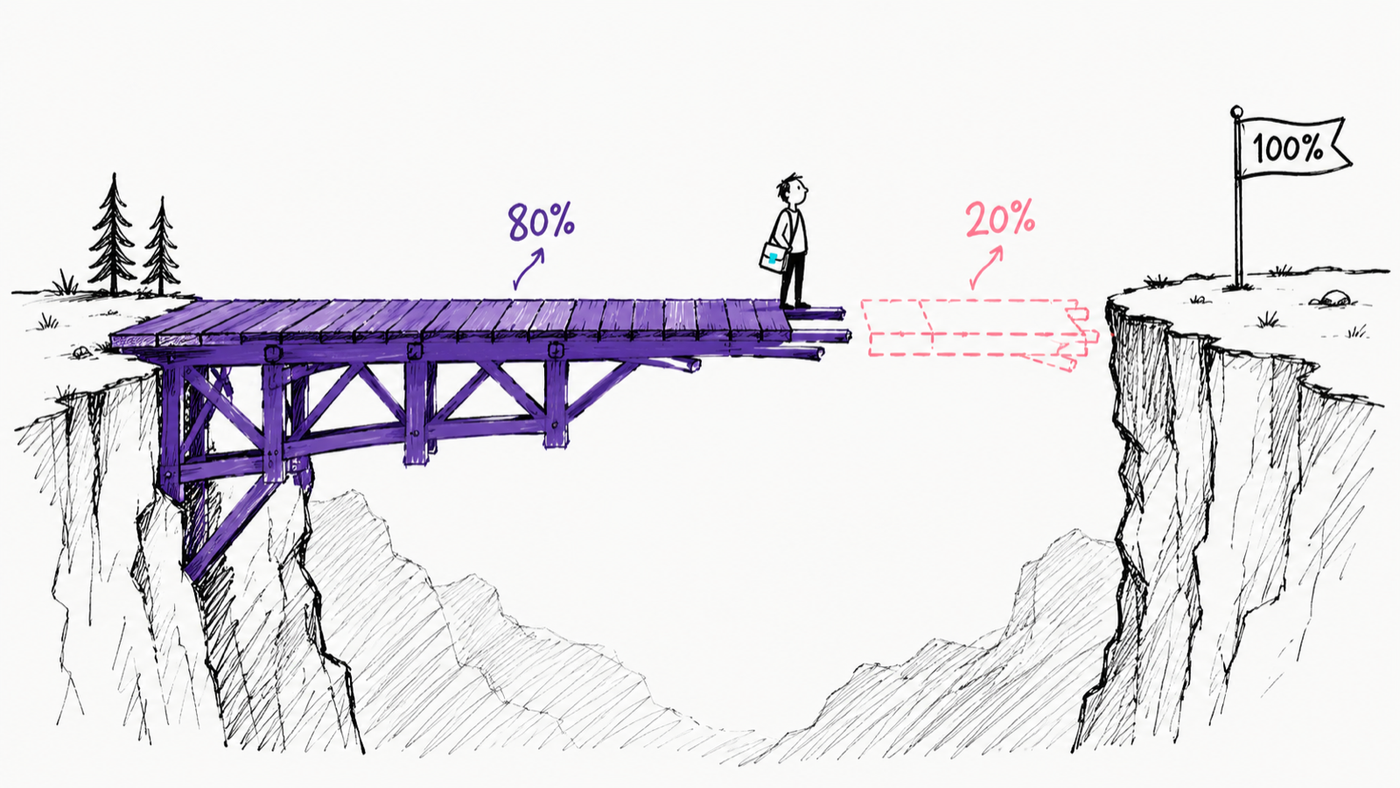 A hand-drawn bridge built 80 percent across a canyon, stopping in mid-air, a figure at the unfinished edge looking across the missing 20 percent gap to a far cliff marked 100 percent.