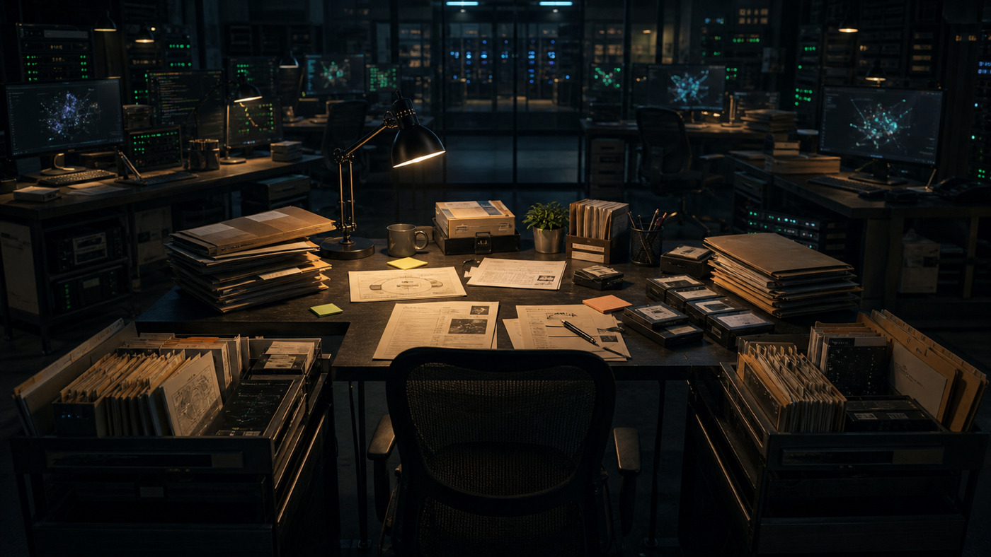 An engineering operations room with unattended workstations feeding paper sources into a central review desk, representing retrieval as the layer under an agent.