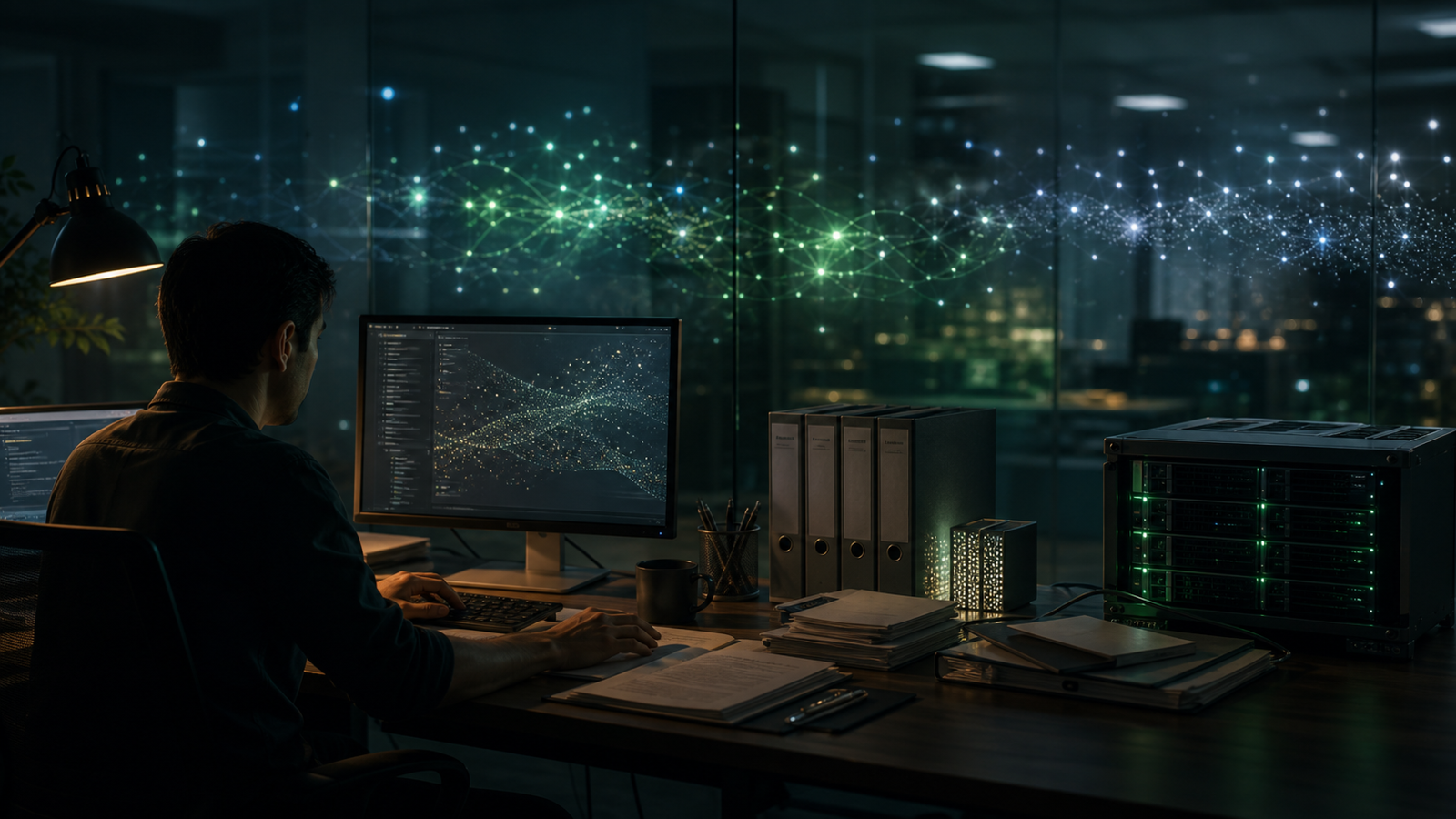 A late-night engineering desk with source folders, a compact server node, and a softly glowing retrieval wall, representing hybrid RAG in production.
