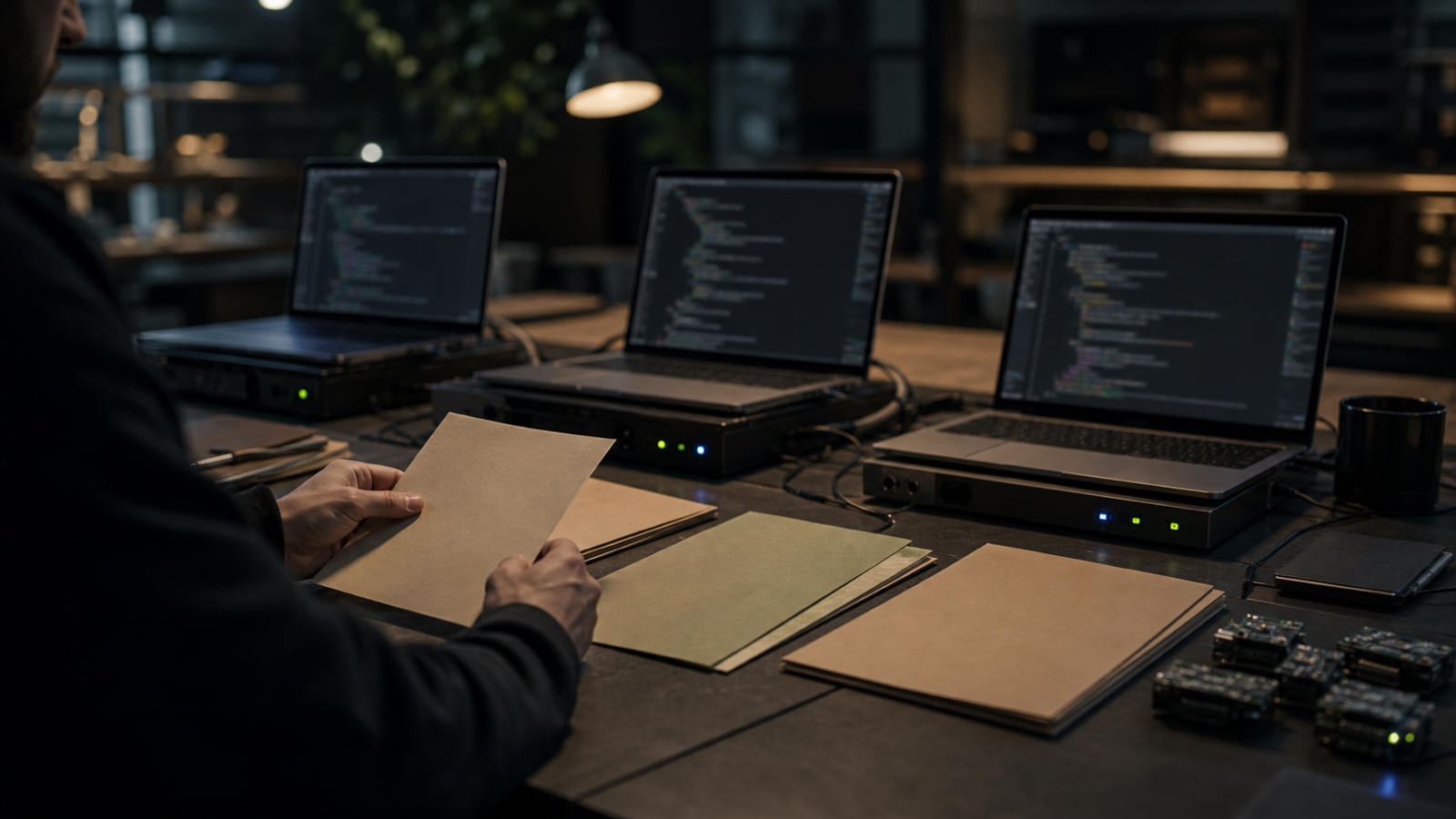 A developer evaluation bench with three unlabeled runtime test stations, blurred terminals and test notes, representing a JavaScript runtime comparison.