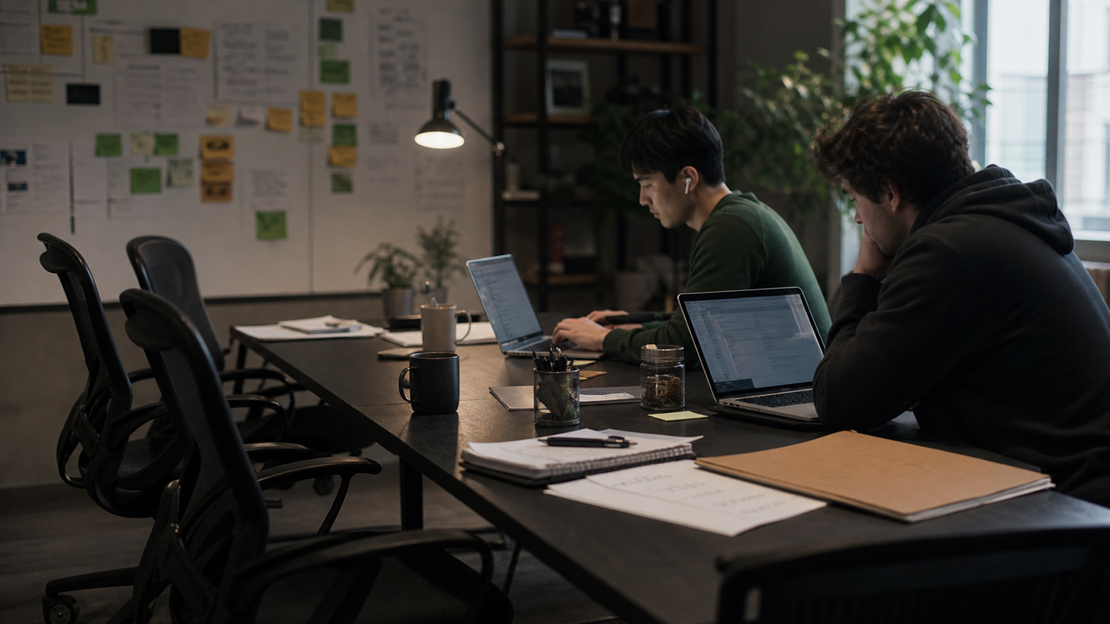 A lean startup workspace with two founders, empty chairs, blurred laptops and hiring plan notes, representing software built by smaller AI-enabled teams.