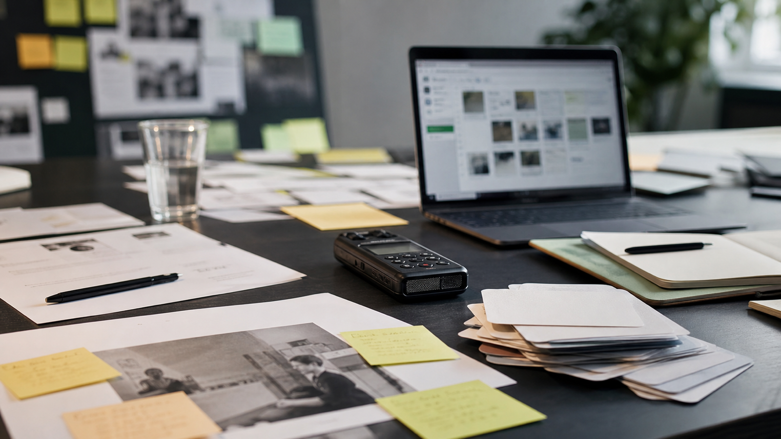 A UX research lab table with interview notes, sticky clusters, audio recorder and blurred research repository, representing AI-assisted UX research.