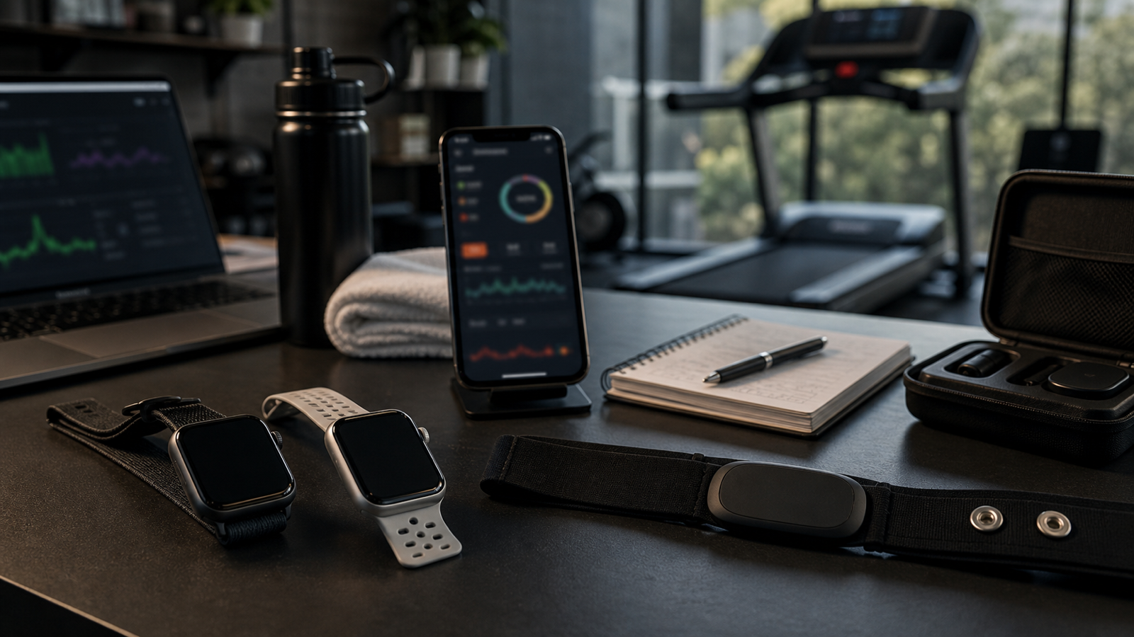 A fitness data testing desk with two smartwatches, chest strap, phone and treadmill, representing wearable health-data accuracy.