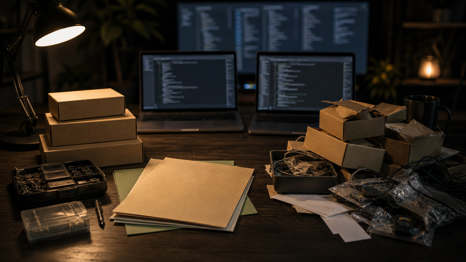 A dependency-management desk with lockfile papers, unlabeled package boxes, blurred terminals and toolkits, representing package manager comparison.