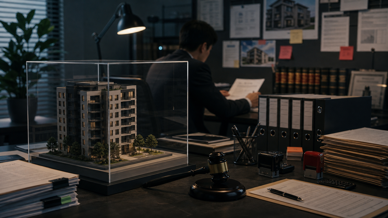 A compliance review room with housing folders, policy binders and an apartment model behind protective glass, representing Fair Housing and FCRA safeguards.