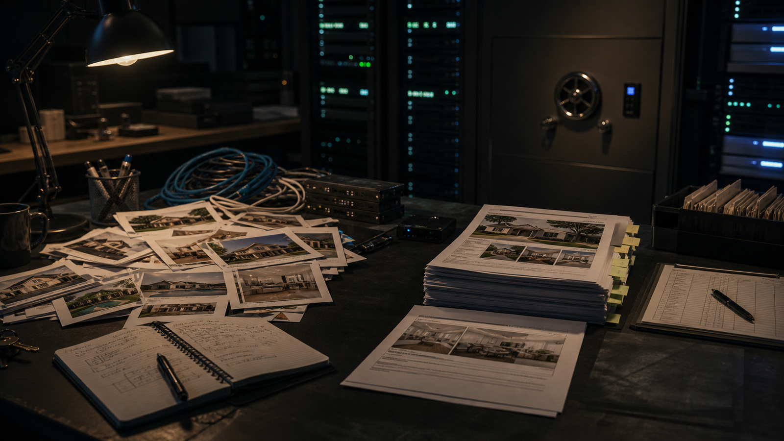An integration workbench with property photos, cable bundles, a data cabinet and a clean listing dossier, representing messy MLS feeds becoming one reliable product.