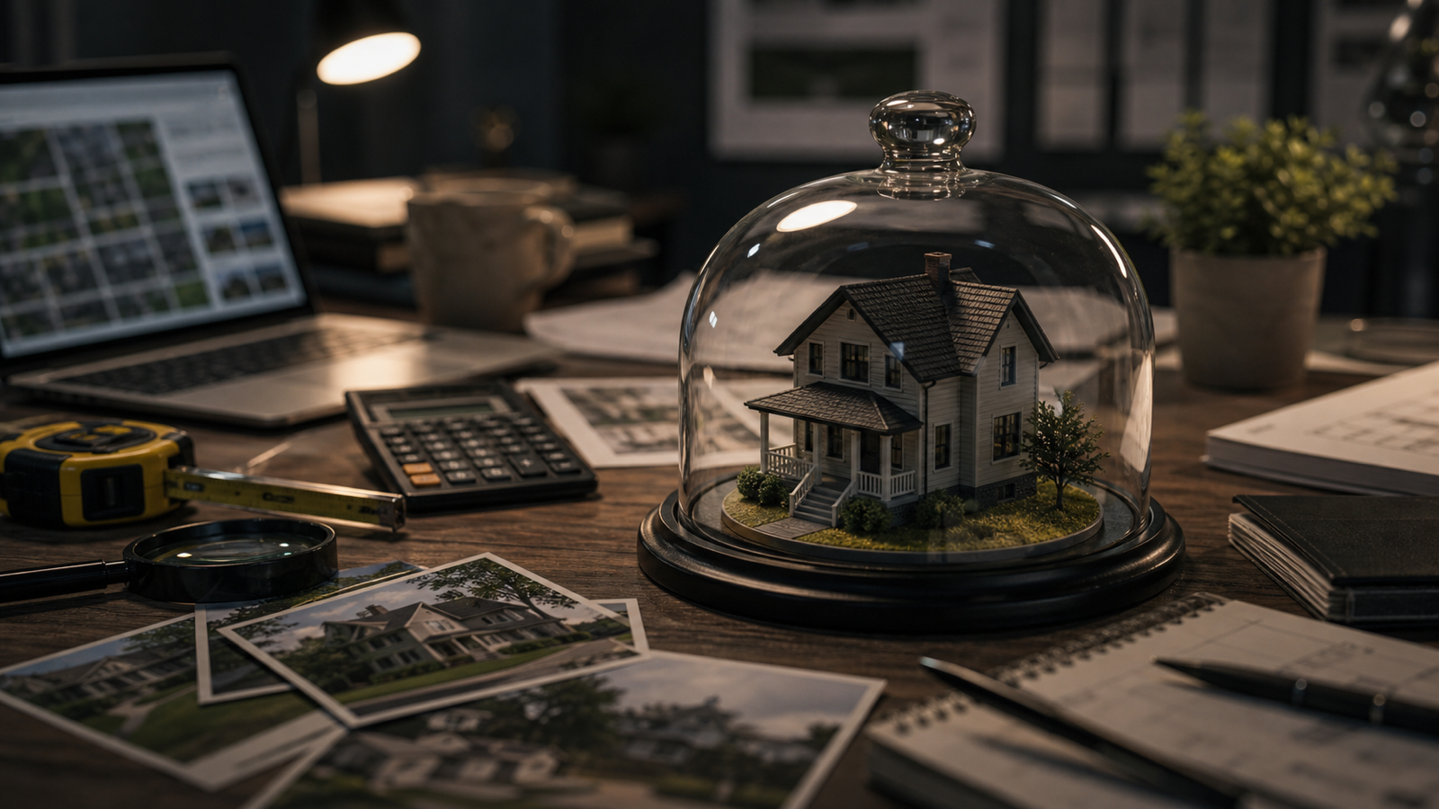 A house model under a glass inspection dome on a valuation desk, representing uncertainty and trust in automated property valuation.