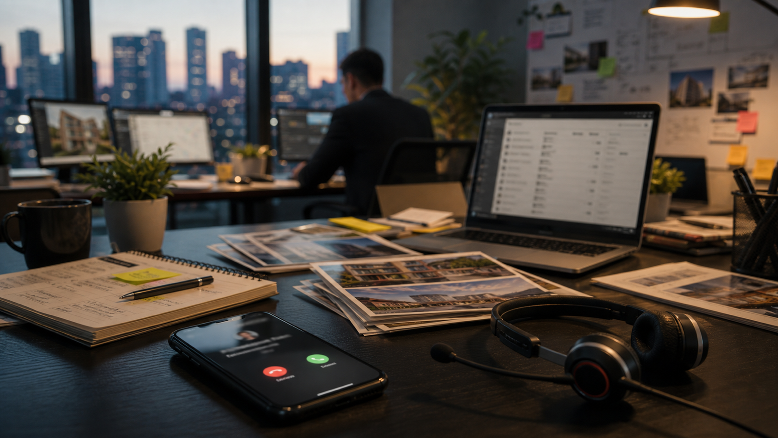 A real-estate sales desk with a ringing phone, headset, calendar and property materials, representing speed-to-lead CRM work.