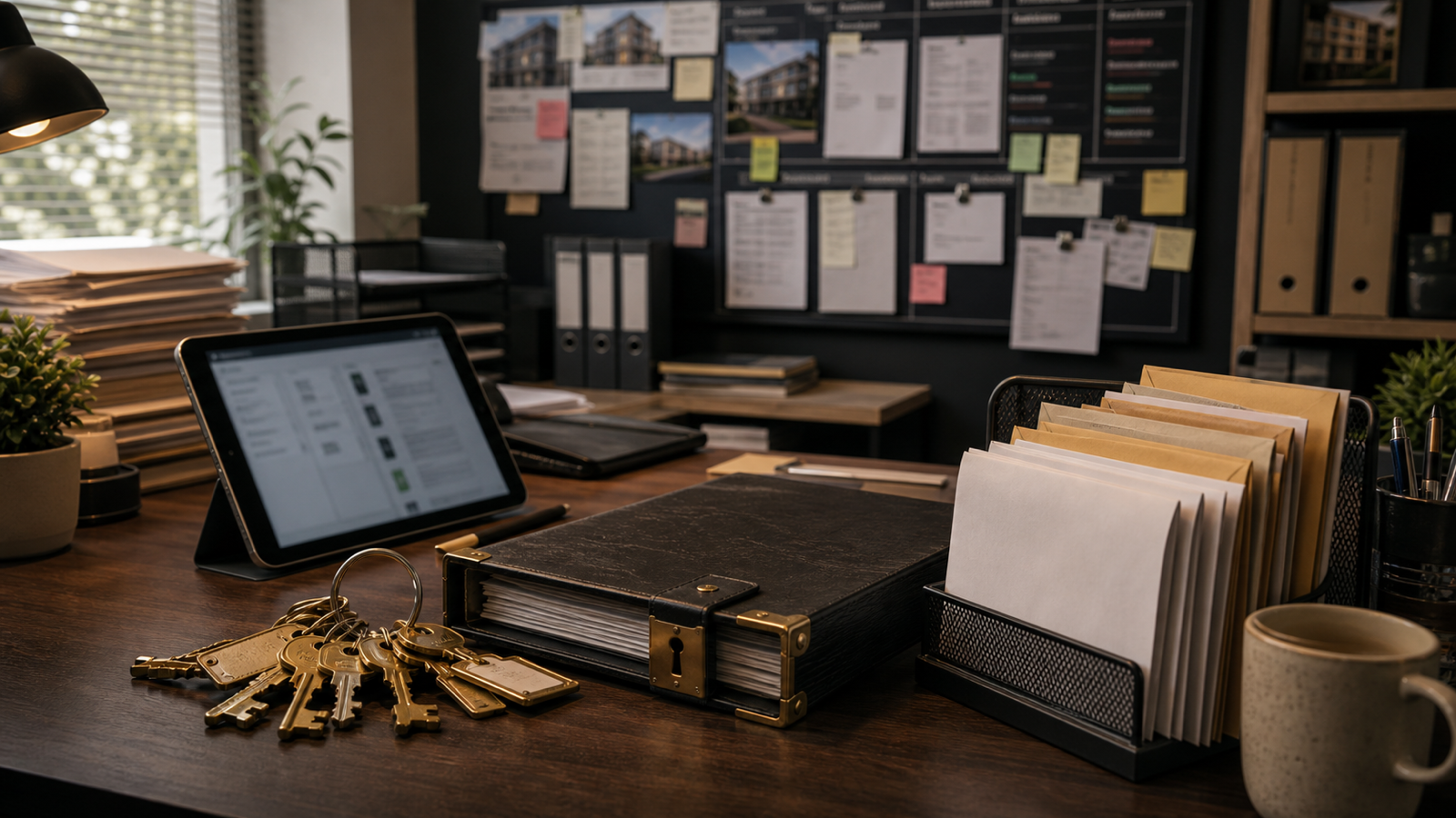 A property management operations desk with keys, maintenance orders, rent envelopes and a locked ledger, representing rent rails and trust accounting.