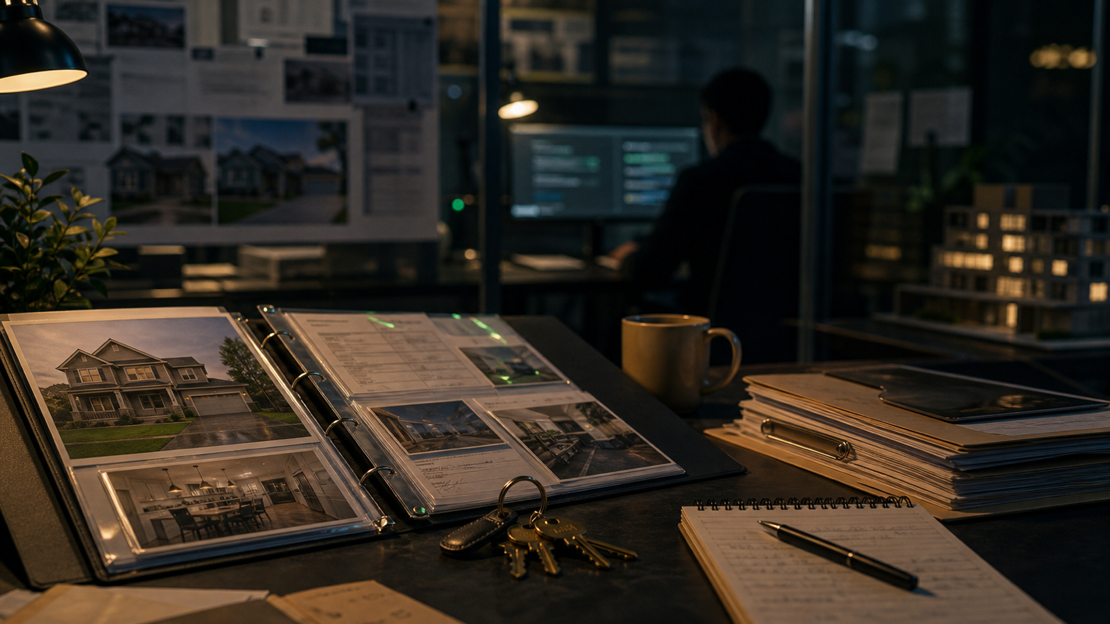 A real-estate workspace with verified listing evidence, keys and a softly glowing assistant terminal, representing grounded AI over property records.