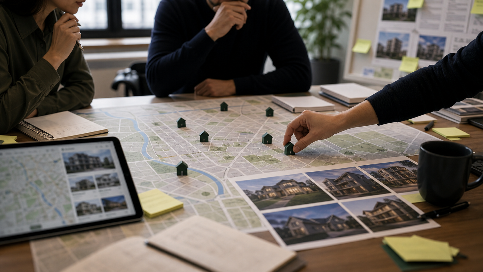 A UX research table with a printed city map, house pins, neighborhood photos and a blurred tablet, representing map-first property search.