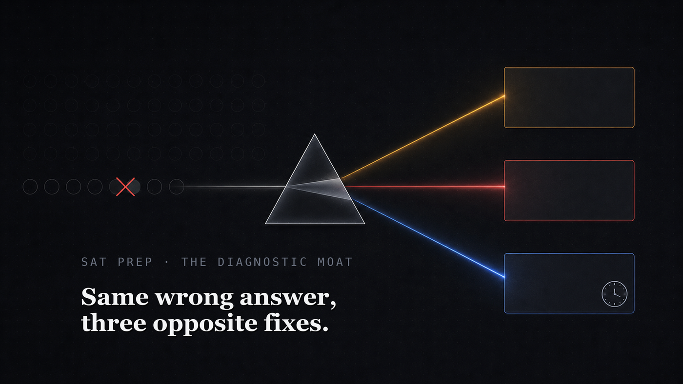 A single wrong SAT answer beaming through a prism and splitting into three color-coded diagnostic readouts for careless, concept, and pacing errors, on a dark analyst background.