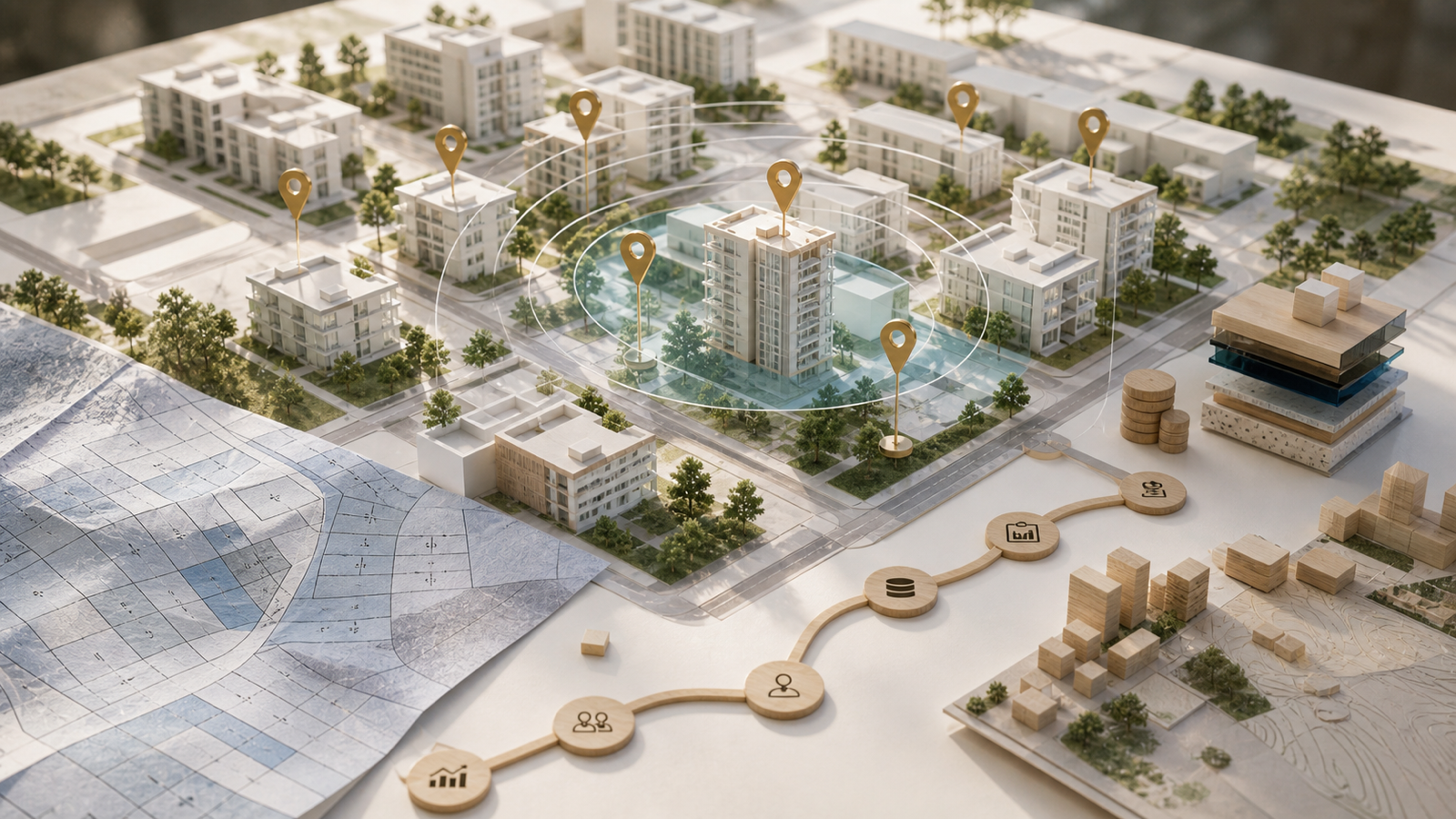An architectural scale model with miniature buildings, property markers, search-radius rings and map fragments, representing a real estate platform.